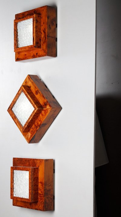 THREE ELM BURR VENEER CEILING OR WALL LIGHTS, ART DECO PERIOD