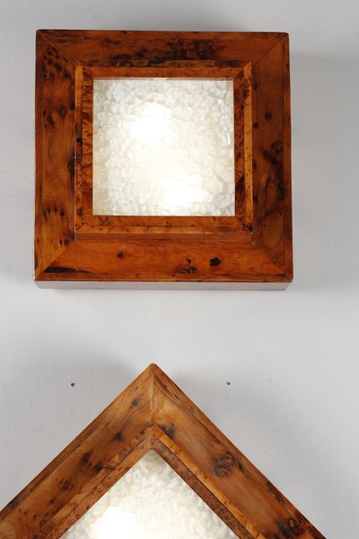 THREE ELM BURR VENEER CEILING OR WALL LIGHTS, ART DECO PERIOD
