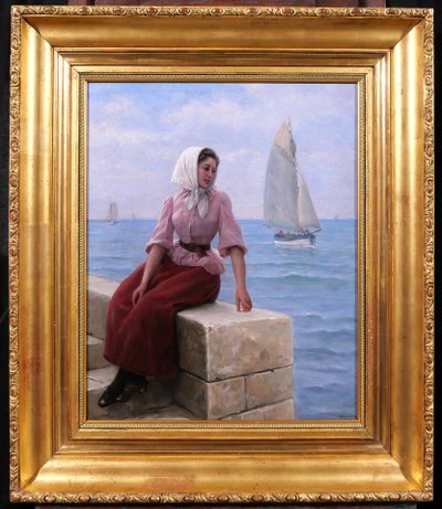 Charles ESCUDIER 1848-1923 Woman at the seaside waiting for the boat to return, painting, 1902