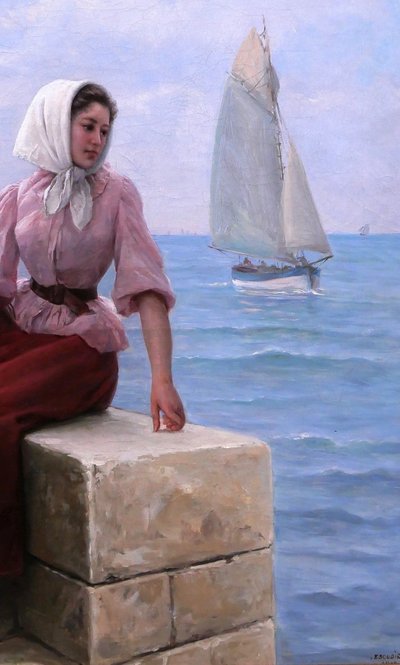 Charles ESCUDIER 1848-1923 Woman at the seaside waiting for the boat to return, painting, 1902