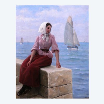 Charles ESCUDIER 1848-1923 Woman at the seaside waiting for the boat to return, painting, 1902