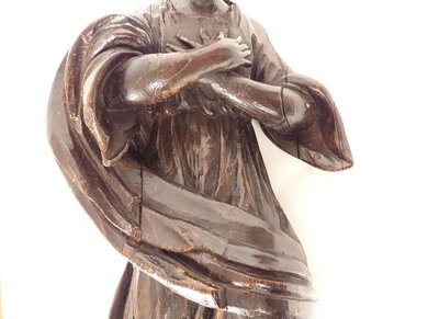 2 grandi sculture statue coppia di angeli in quercia intagliata del XVII secolo