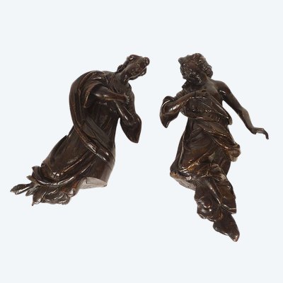 2 grandi sculture statue coppia di angeli in quercia intagliata del XVII secolo