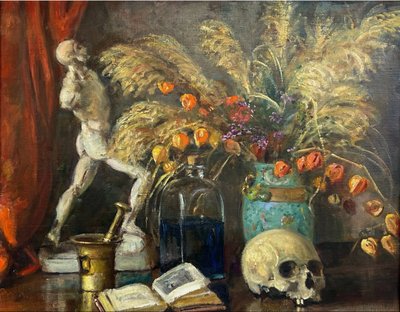 Roger MASSON (1890-1950) HST Large still life, cabinet of curiosities. Flayed, Vanity, skull