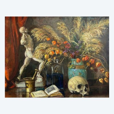 Roger MASSON (1890-1950) HST Großes Stillleben, Kuriositätenkabinett. Gehäutet, Eitelkeit, Schädel