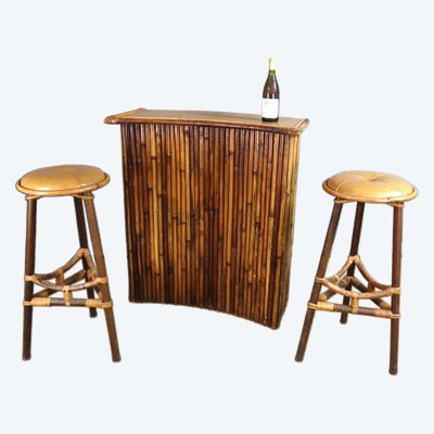 Bar en bambou et ses deux tabourets