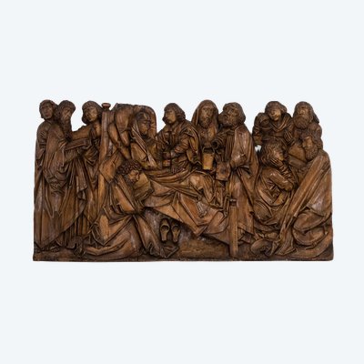 Retable rhénan, Dormition en bois sculpté en bas-relief, XIXe siècle.  LS64443009M