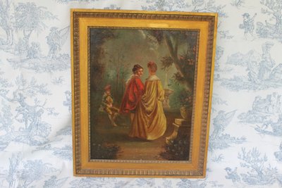 Pair of framed oils on canvas depicting gallant scenes from the Romantic period, 19th century