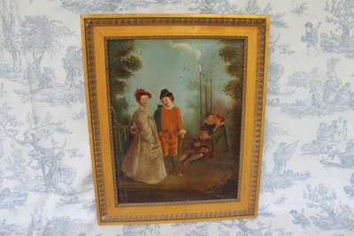 Pair of framed oils on canvas depicting gallant scenes from the Romantic period, 19th century