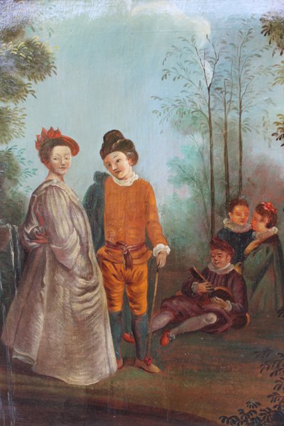 Pair of framed oils on canvas depicting gallant scenes from the Romantic period, 19th century