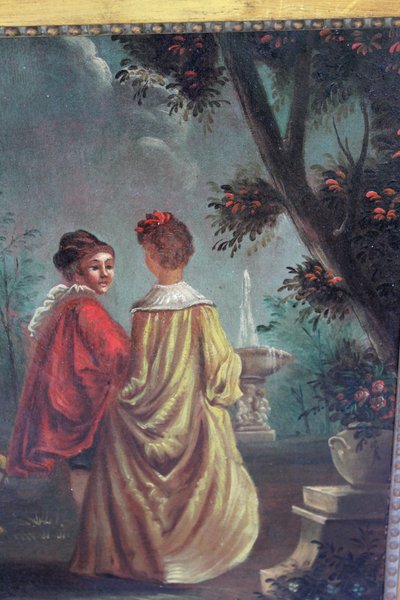 Pair of framed oils on canvas depicting gallant scenes from the Romantic period, 19th century