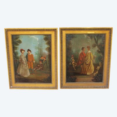 Pair of framed oils on canvas depicting gallant scenes from the Romantic period, 19th century
