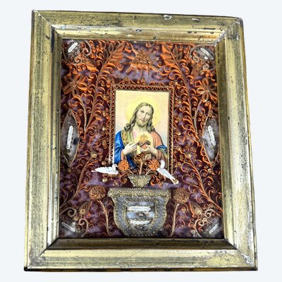 Reliquary paperolles Sacred Heart of Jesus - 19th century