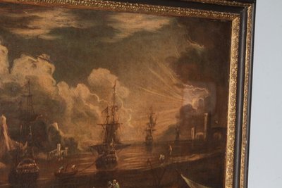 Tableau « Vue du port à l'aube ». Huile sur toile, XVIIe siècle, Giovanni Grevenbroeck – Solfarolo. Mis