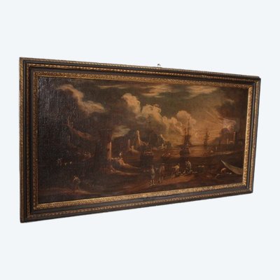 Tableau « Vue du port à l'aube ». Huile sur toile, XVIIe siècle, Giovanni Grevenbroeck – Solfarolo. Mis