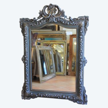 Antique Napoleon III Shell Fronton Mirror, patinato 85 X 120 Cm