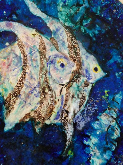 Grande piatto vintage in ceramica con decoro a forma di pesce azzurro degli anni '50/'60, dlg P-R LUCAS