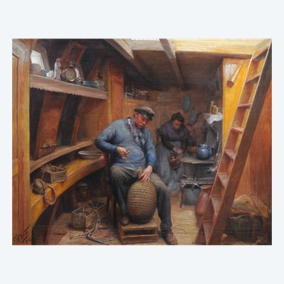 Constant Prosper Hoste, Couple Of Boatmen In A Barge: Making A Fender