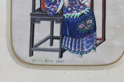 David Cox gouache sur papier de riz signée et datée 1847 femme assise Chine oeuvre encadrée