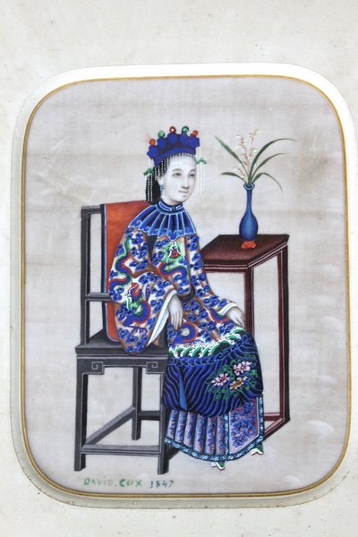 David Cox gouache sur papier de riz signée et datée 1847 femme assise Chine oeuvre encadrée
