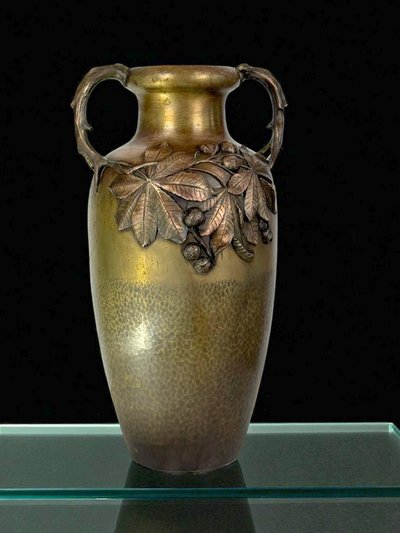 LARGE ART NOUVEAU VASE IN PATINATED BRONZE STAMPED KAYSER WITH BROWN DECOR