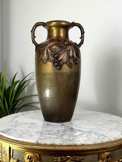 LARGE ART NOUVEAU VASE IN PATINATED BRONZE STAMPED KAYSER WITH BROWN DECOR