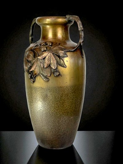 LARGE ART NOUVEAU VASE IN PATINATED BRONZE STAMPED KAYSER WITH BROWN DECOR