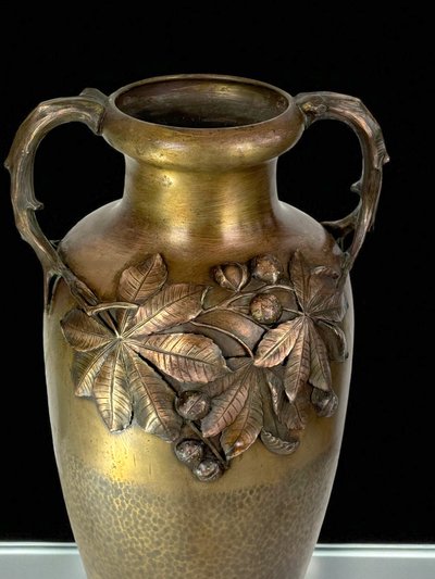 LARGE ART NOUVEAU VASE IN PATINATED BRONZE STAMPED KAYSER WITH BROWN DECOR