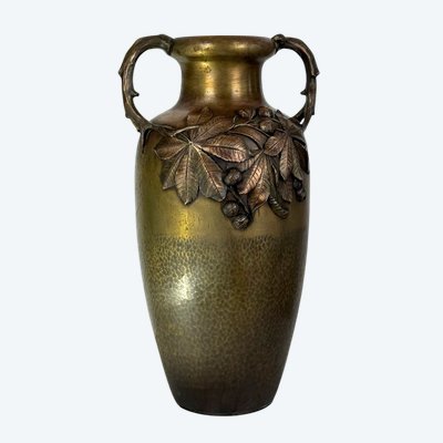 LARGE ART NOUVEAU VASE IN PATINATED BRONZE STAMPED KAYSER WITH BROWN DECOR