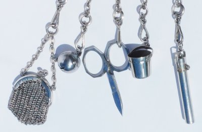 19th century steel chatelaine folding scissors thimble holder needle case