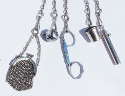 19th century steel chatelaine folding scissors thimble holder needle case