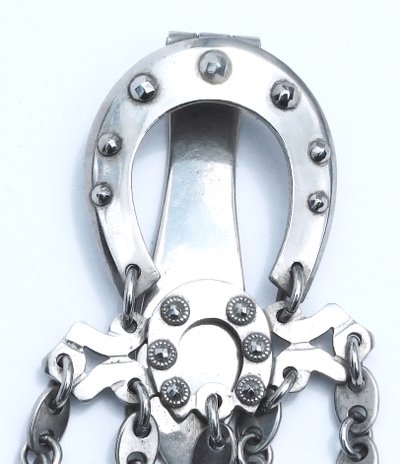 19th century steel chatelaine folding scissors thimble holder needle case