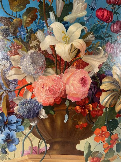 Stillleben mit Blumen und Kakadu, Öl auf Leinwand 20. Jahrhundert
