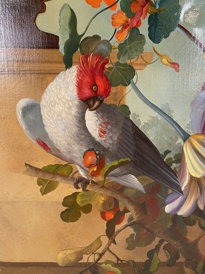 Stillleben mit Blumen und Kakadu, Öl auf Leinwand 20. Jahrhundert