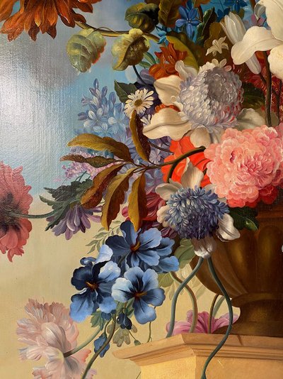 Stillleben mit Blumen und Kakadu, Öl auf Leinwand 20. Jahrhundert