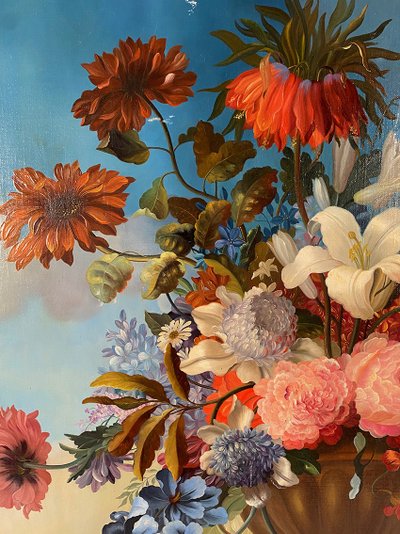 Stillleben mit Blumen und Kakadu, Öl auf Leinwand 20. Jahrhundert