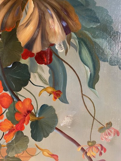 Stillleben mit Blumen und Kakadu, Öl auf Leinwand 20. Jahrhundert