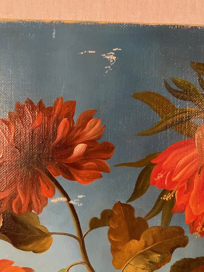 Stillleben mit Blumen und Kakadu, Öl auf Leinwand 20. Jahrhundert