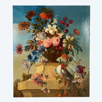 Stillleben mit Blumen und Kakadu, Öl auf Leinwand 20. Jahrhundert
