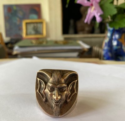 Satanischer Herrenring. Versilberte Bronze aus dem 19. Jahrhundert. 1874. Teufel. Esoterisch.