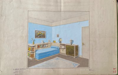 Satz von fünf Innenarchitekturprojekten. Gouache. Th. Guillou-Blanchard. Anfang des 20. Jahrhunderts.