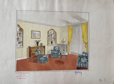 Satz von fünf Innenarchitekturprojekten. Gouache. Th. Guillou-Blanchard. Anfang des 20. Jahrhunderts.
