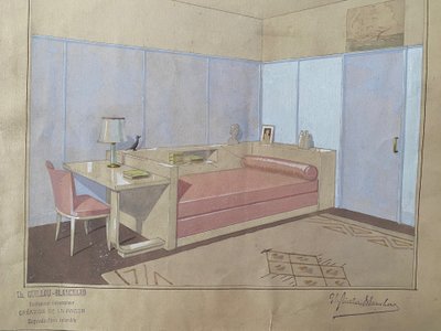 Satz von fünf Innenarchitekturprojekten. Gouache. Th. Guillou-Blanchard. Anfang des 20. Jahrhunderts.