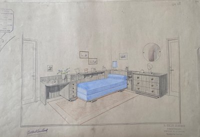 Satz von fünf Innenarchitekturprojekten. Gouache. Th. Guillou-Blanchard. Anfang des 20. Jahrhunderts.