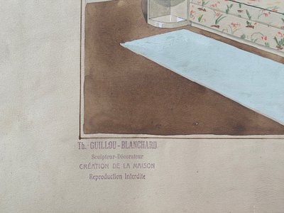 Satz von fünf Innenarchitekturprojekten. Gouache. Th. Guillou-Blanchard. Anfang des 20. Jahrhunderts.