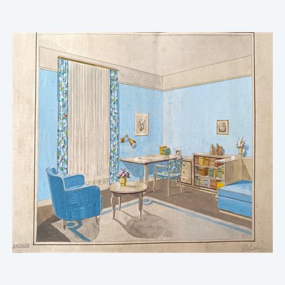 Satz von fünf Innenarchitekturprojekten. Gouache. Th. Guillou-Blanchard. Anfang des 20. Jahrhunderts.