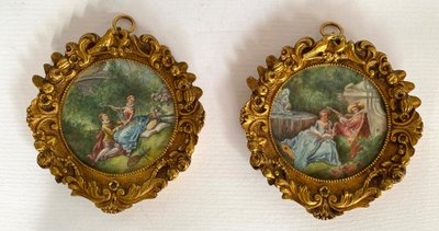 Paar Miniaturen im Louis XV-Stil. Anfang des 20. Jahrhunderts. Vergoldete Bronzerahmen.