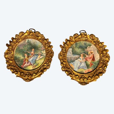 Paar Miniaturen im Louis XV-Stil. Anfang des 20. Jahrhunderts. Vergoldete Bronzerahmen.