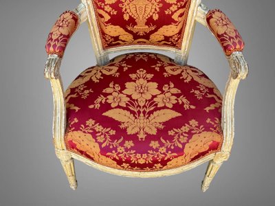 PAIR OF 18TH CENTURY LOUIS XVI ARMCHAIRS IN LACQUERED WOOD COVERED IN FABRIC