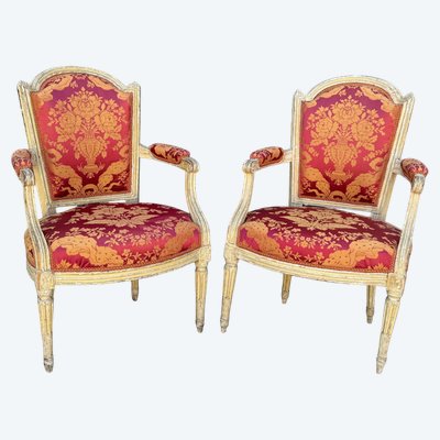 PAIR OF 18TH CENTURY LOUIS XVI ARMCHAIRS IN LACQUERED WOOD COVERED IN FABRIC
